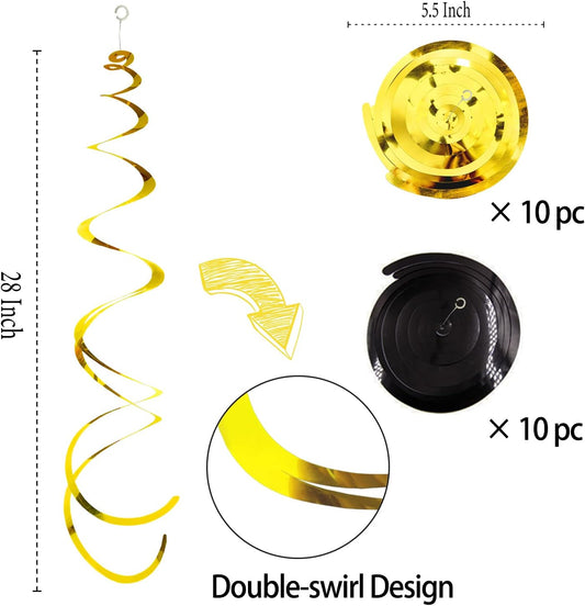 30Pc Gold and Black Party Party Swirl Decorations Foil Swirl Hanging Decoration Plastic Streamer for Ceiling 22 in