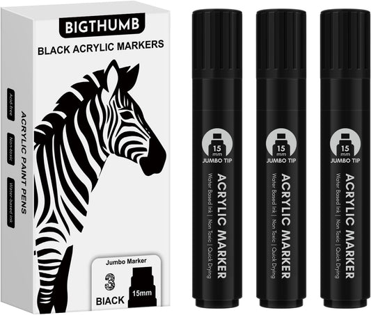 3 Pcs Black Jumbo Permanent Markers: 15mm Wide Tip Thick Acrylic Paint Pen Large Calligraphy Marker for Rock Painting, Poster, Sign, Canvas, Glass, Wood, Ceramic
