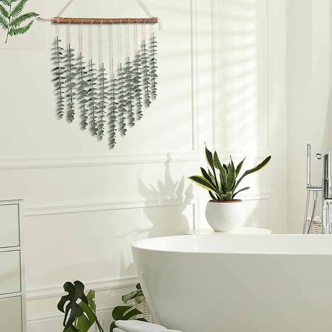Artificial Hanging Eucalyptus Plant Wall Decor Fake Greenery Leaves Stems on 16.5in Stick Boho Rustic Nature Farmhouse Green Wall Art for Bathroom Bedroom Kitchen Nursery Office
