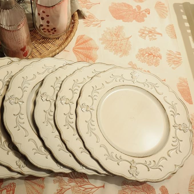 Spsyrine White Antique Charger Plate, 13" Embossed Plastic Table Plate Chargers for Dinner, Set of 6 Elegant Decorations for Wedding, Dining, Party Events.