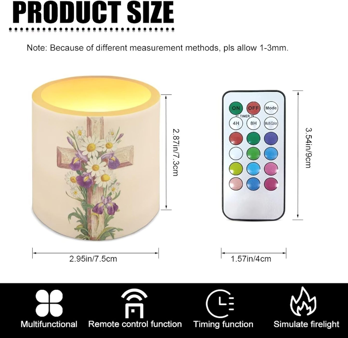 Poceacles 4 Pack Flameless LED Candles with Remote Timer, Multi-Color Battery Powered Flameless Tealights for Living Room Bedroom Home Decor, Cross Daisy Violet Flower Beige