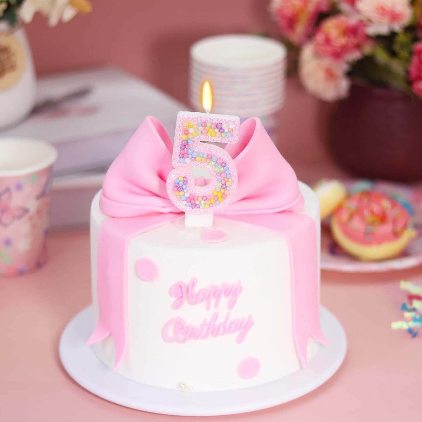 Birthday Candles for Girls - Number 5 Candle, Colorful Macaron Candles, 5 Cake Topper Cake Decorations, 5th Birthday Decorations Girl, Theme Birthday Party Supplies (Pink)