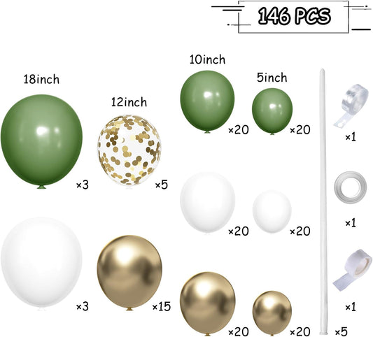 Green White Gold Balloon Arch Kit, 146Pcs Avocado Green Metallic Chrome Gold Confetti and White Latex Balloons for Wedding Birthday Baby Shower Decoration