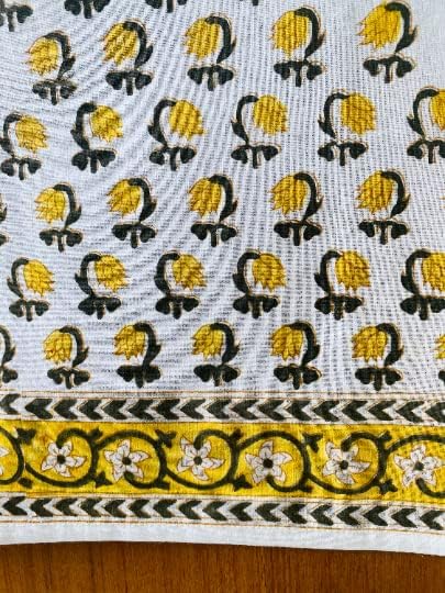 Ridhi Hand Block Print Cotton Tablecloth 102"x48" – Vintage Yellow Rectangle Table Cover for Dining & Farmhouse