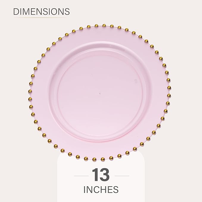 PLASTICPRO Translucent Pink with Gold Rim Plastic Charger Plates with Beaded Edge – Pack of 4 – 13" Elegant Round Disposable Chargers for Weddings, Events, Parties, and Dinners