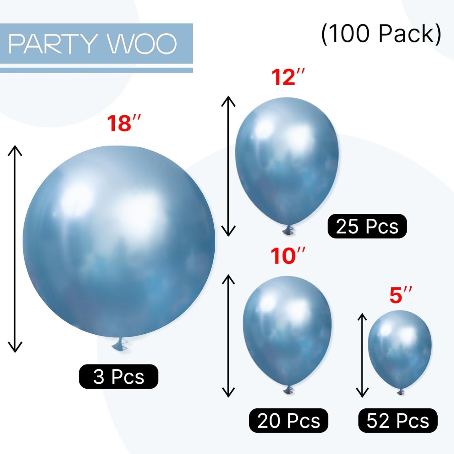 PartyWoo Metallic Light Blue Balloons 100 pcs Different Sizes of 18 12 10 5 Inch Metallic Baby Blue Latex Balloon Arch Kit Garland for Graduation Baby Shower Birthday Party Decorations Blue-G119