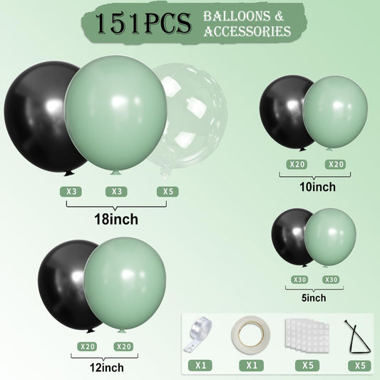 Sage Green and Black Balloon Arch Kit, 151Pcs Green Black Bobo Balloons Garland 18 12 10 5 inch for Birthday, Graduation, Baby Shower, Wedding, Anniversary, Holiday Party Decoration