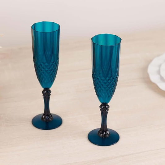 Efavormart 6-Pack Champagne Glasses, 8oz Shatterproof Plastic Crystal Cut Toast Flutes, Navy Blue for Party Celebration Wedding