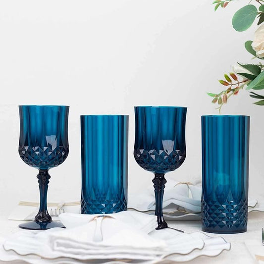 Efavormart 6-Pack Plastic Wine Glasses 8oz, Navy Blue - Crystal Cut Shatterproof Cocktail Goblets Drinking Glasses