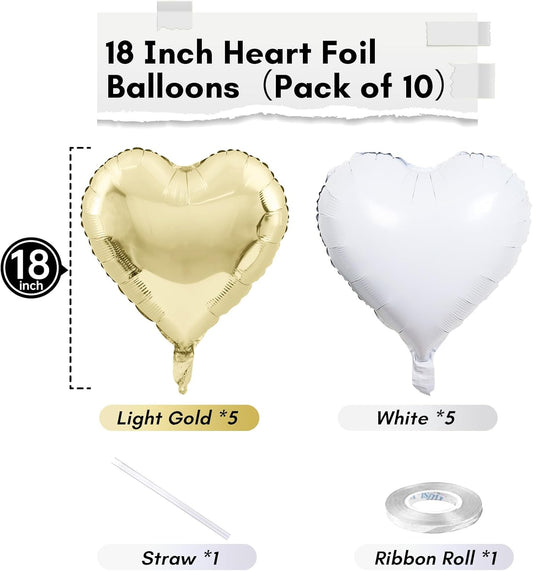 Gold White Foil Heart Balloons, 18 Inch 10 Pcs Pastel Yellow White Mylar Heart Shape Balloons Large Light Yellow and White Heart Balloons for Birthday Wedding Graduation Baby Party Valentines