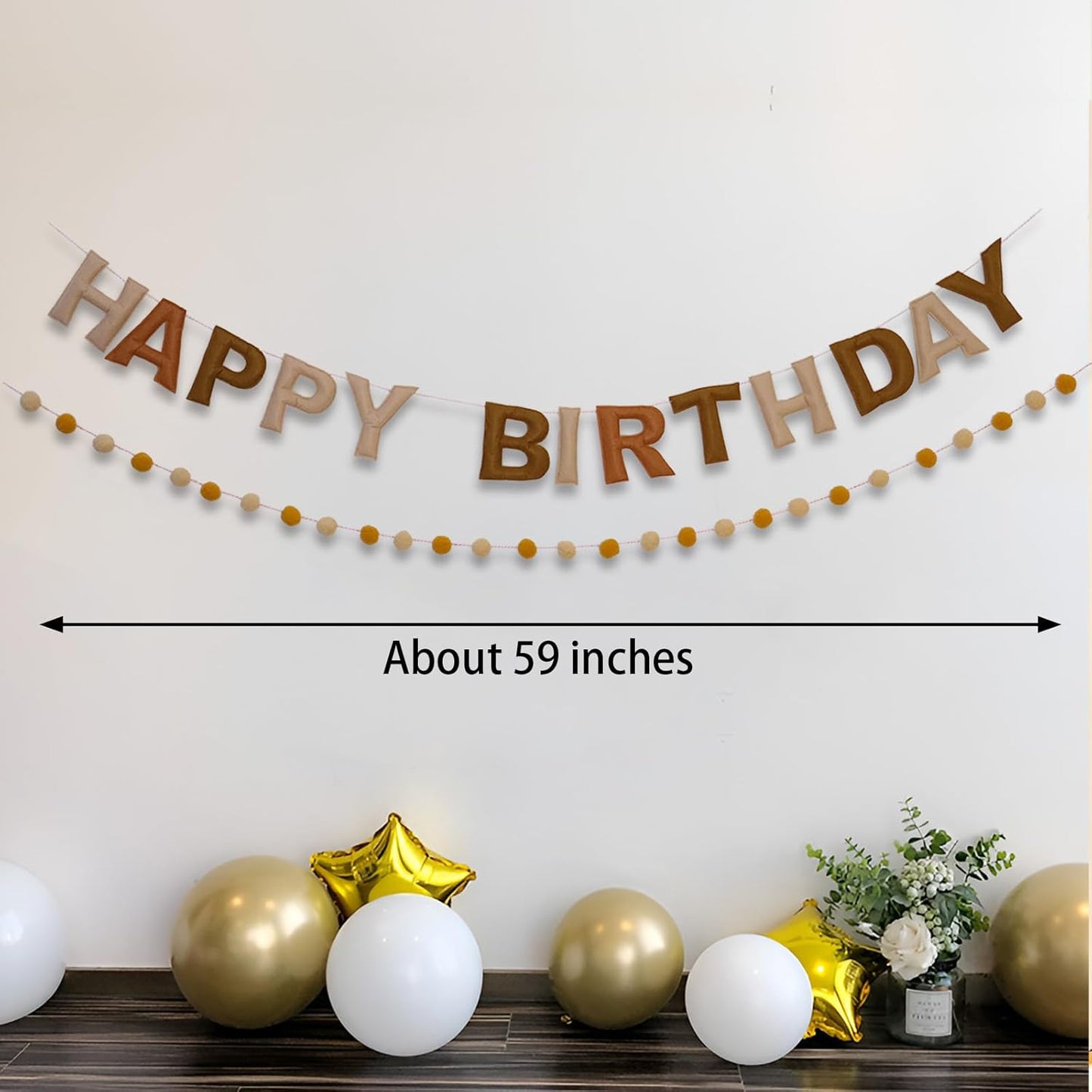 Brown Happy Birthday Banner Felt Ball Garland Pre-Strung Happy Birthday Sign for Party Backdrop Decorations Photo Prop