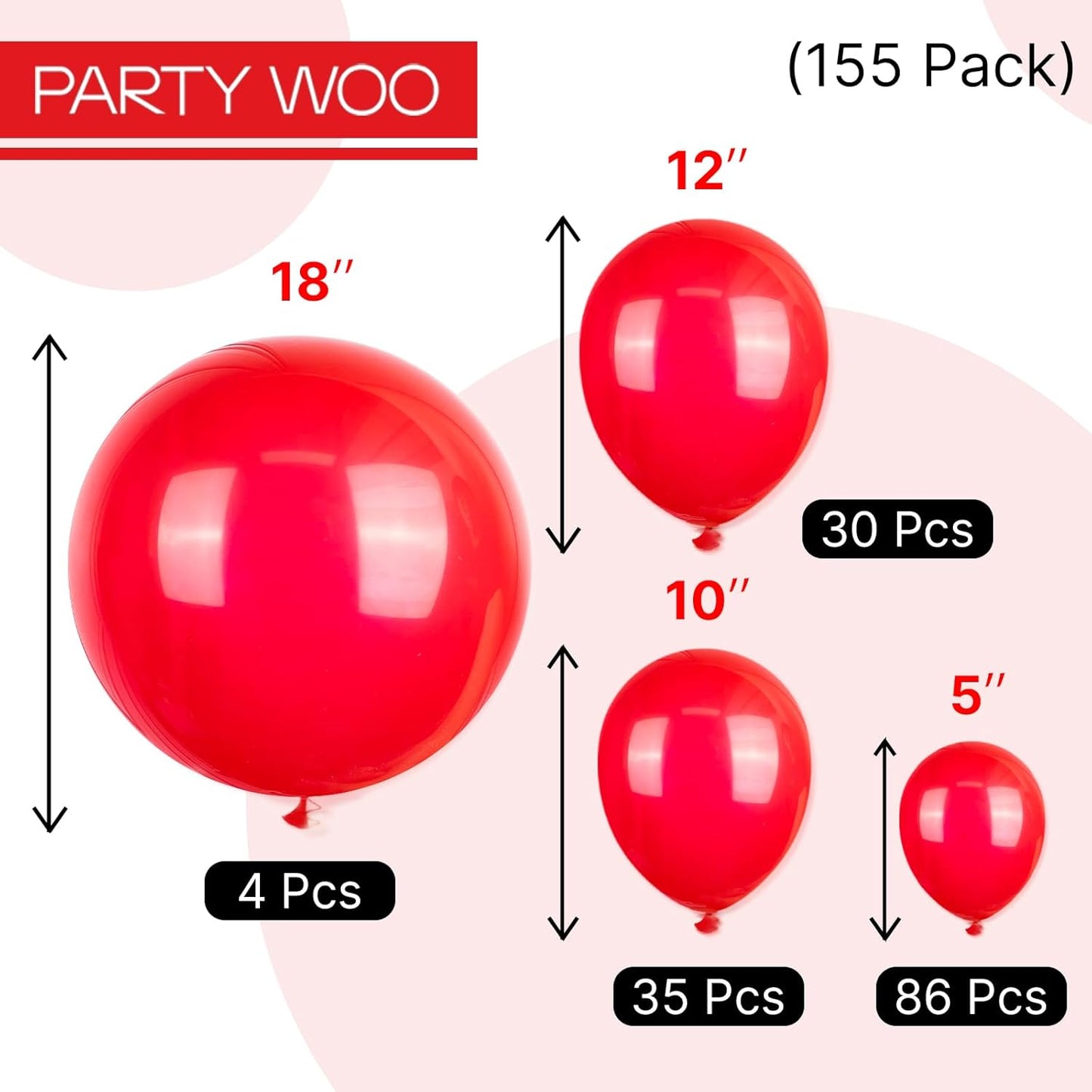 PartyWoo Red Balloons 155 pcs Different Sizes of 18 12 10 5 Inch Matte Red Latex Balloon Arch Kit Garland for Valentine's Day Graduation Memorial Day Christmas Birthday Party Decorations Red-Y57
