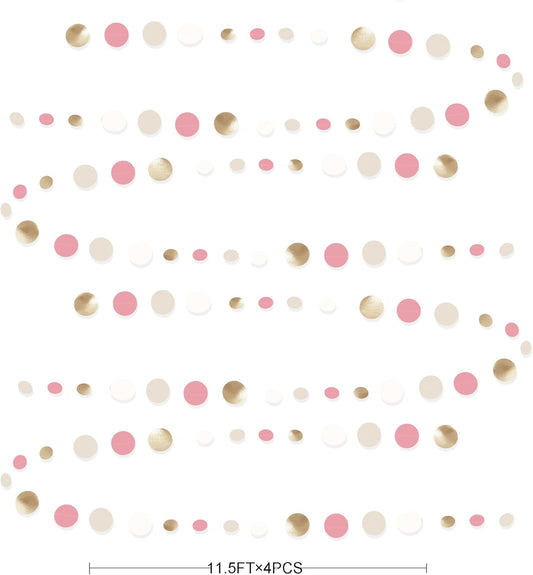 Champagne Gold Dusty Pink Decorations Circle Dots Garland Gold Pink Nude Neutral Cream White Boho Hanging Polka Dot Streamer for Bridal Shower Birthday Wedding Engagement Baby Shower Party Supplies