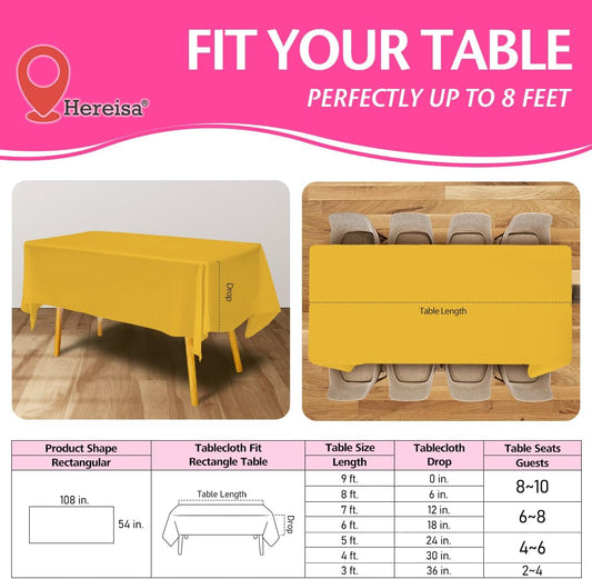 Disposable Plastic Tablecloth Yellow 54x108 Inch, 5-Pack Waterproof Rectangular Table Cover for Parties, Picnics, Dining Protection
