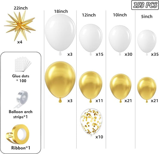 White and Gold Balloon Arch Garland Kit 153pcs with Star, 22 18 12 10 5in Different Size White Metallic Gold Confetti Latex Balloons for Birthday Anniversary Wedding Baby Shower Decoration