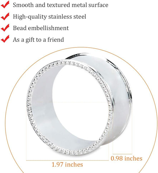 12 Pcs Stainless Steel Bead Side Napkin Rings Delicate Serviette Buckles (Silver)