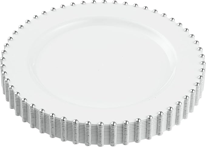 PLASTICPRO 32 Piece Combo Plastic Dinner Plates Disposable Plastic Fancy Heavy Duty Party Dishes 7 inch and 10 inch, White and Silver Beaded