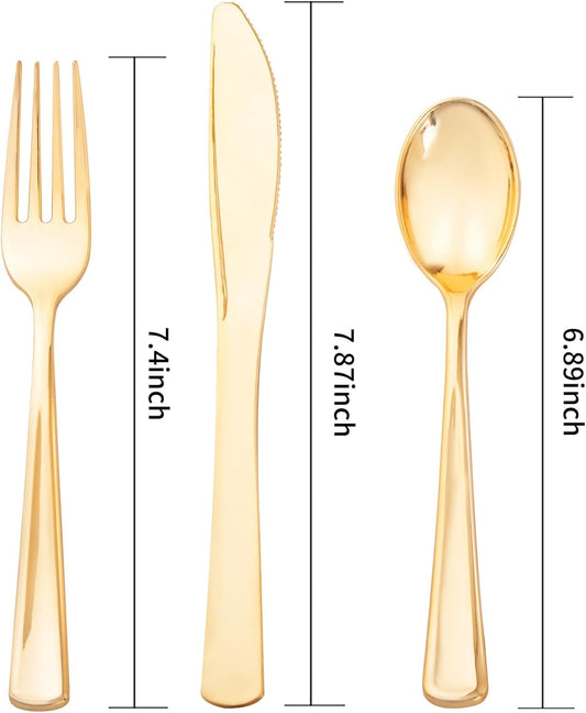 Liacere 200Pcs Gold Plastic Silverware-Gold Plastic Cutlery - Disposable Silverware include 100 Forks 50 Spoons 50 Knives Perfect for Parties&Weddings&Restaurants&Thanksgiving&Fall Decor