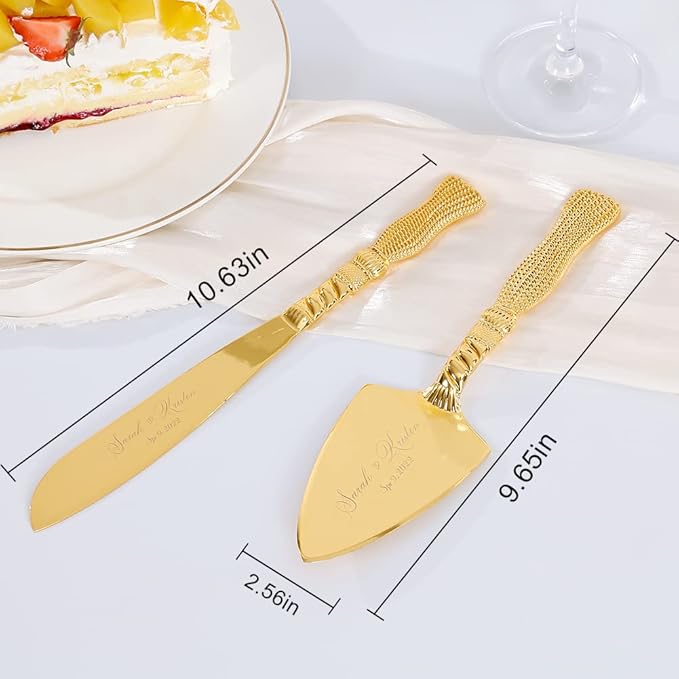 TUKDAK Cake Cutting Set for Wedding, Personalized Gold Cake Knife and Server Set, Custom Cake Serving Set, Engraved Pastry Pie Server Cake Pizza Cutter, Birthday Bridal Gift (CUS-Tassel)