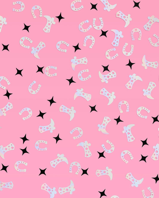 xo, Fetti Black + Iridescent Western Confetti - 200 pc | Rodeo Bachelorette Tablescape, Ranch Birthday Party Decoration, Cowgirl Table Decor, Cowboy Kids Party Supplies