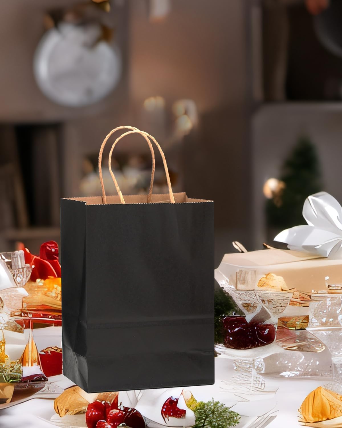qiqee 26-Packs Black Gift Bags with Handles Bulk 8.3"x3"x 6" Small Size Kraft Party Paper Bags