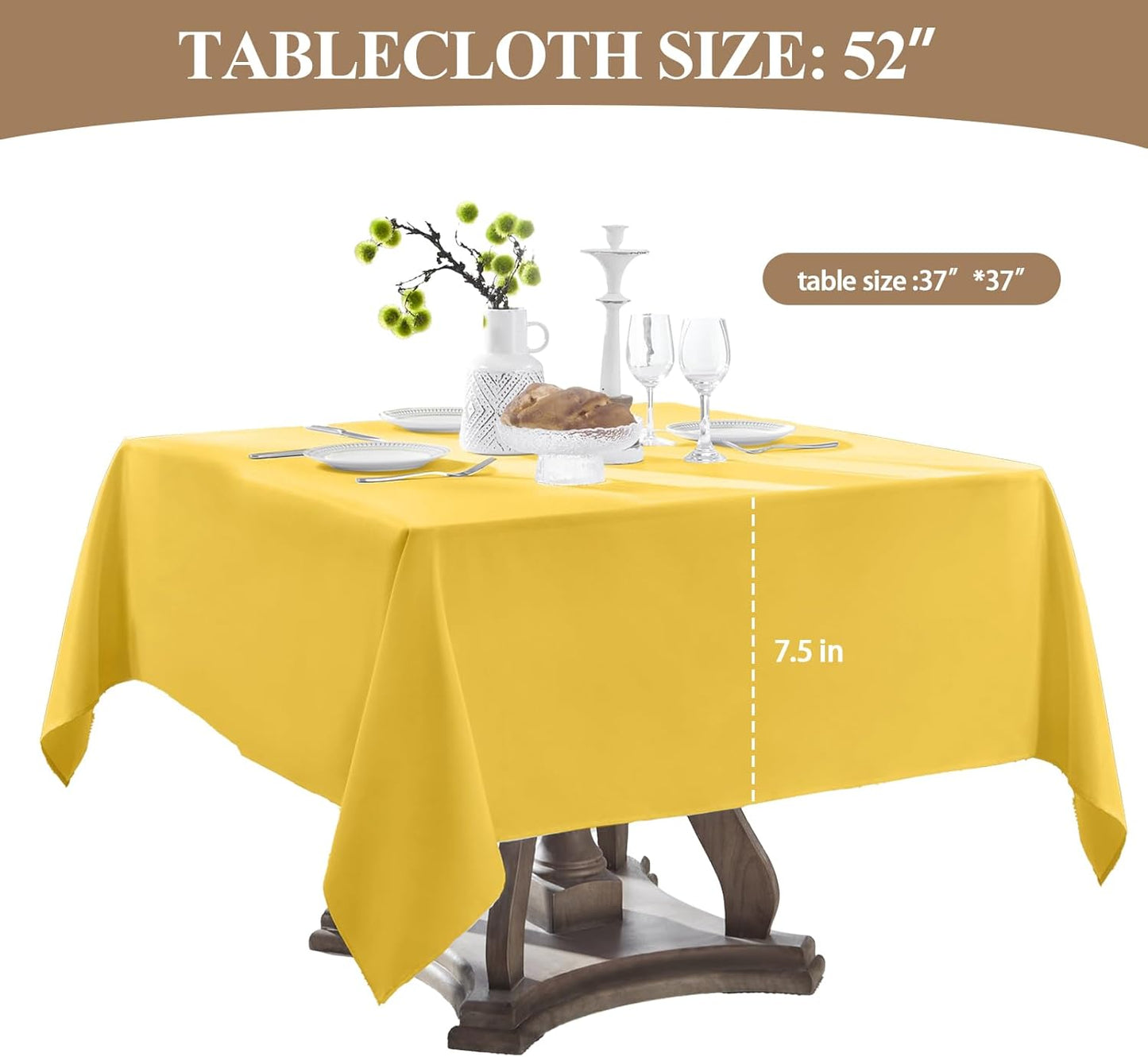 Square Tablecloth 52 x 52 Inch Yellow Tablecloths Stain-Wrinkle Resistant Washable Polyester Table Cloths for Holiday, Buffet Parties, and Weddinge 2pack