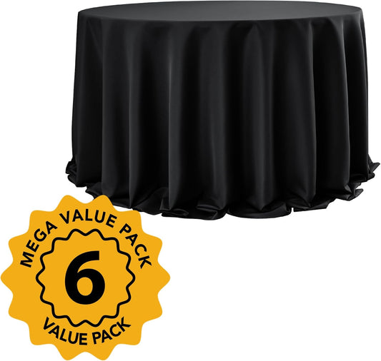 6-Pack Black Round Tablecloths, 132 Inches, Stain-Resistant Polyester for 6-8 Ft Round Tables - Washable Table Covers for Weddings, Banquets, Birthday Parties, Events