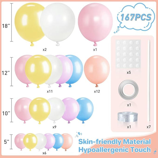 Pastel Balloon Garland Arch Kit, 167Pcs Macaron Colorful Yellow White Pink Blue Orange Plum Balloons for Rainbow Birthday Graduation Pride Month Party Decorations