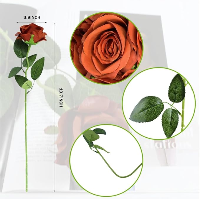 Artificial Roses Flowers, 12 Pcs Fake Rose in Bulk, Long Stem Realistic Silk Roses Bouquet for Fall Home Decor, Thanksgiving Decor, Centerpieces, Flower Arrangement (Burnt Orange, 12-PCS)