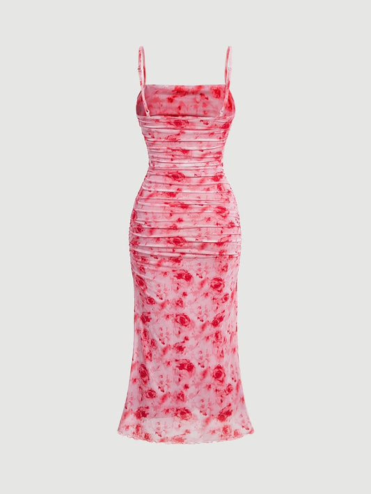 GORGLITTER Women's Floral Ruched Bodycon Midi Dress Mesh Sleeveless Fishtail Cami Dresses