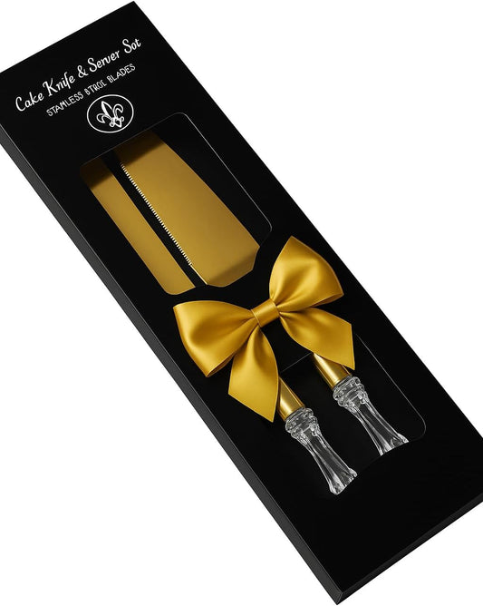 Adorox Elegant Cake Knife and Server Set - Stainless Steel with Crystal Handle - Perfect for Weddings & Anniversaries,and Special Celebrations (Gold)