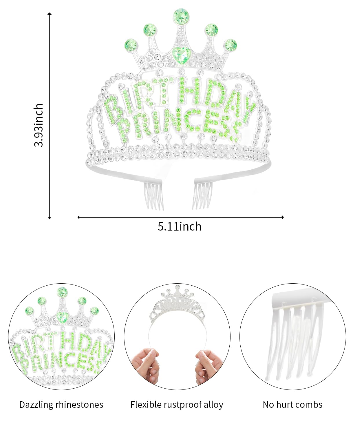 Wecoe Birthday Crown Green Princess Rhinestone Tiara with Combs Happy Birthday Party Favors Pink Decorations 16th 18th 21st 25th Gifts for Her