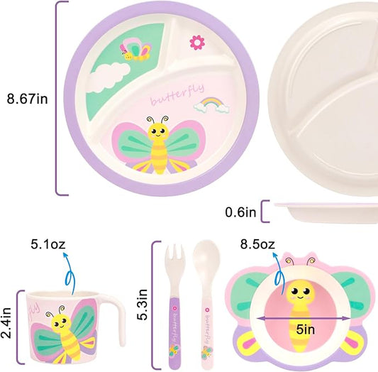 Kids Dinnerware Set, Includes Toddler Plate Bowl Tumbler and Utensils, BPA Free Bamboo Fiber Material Perfect for Little Girls (Purple - Butterfly Theme)