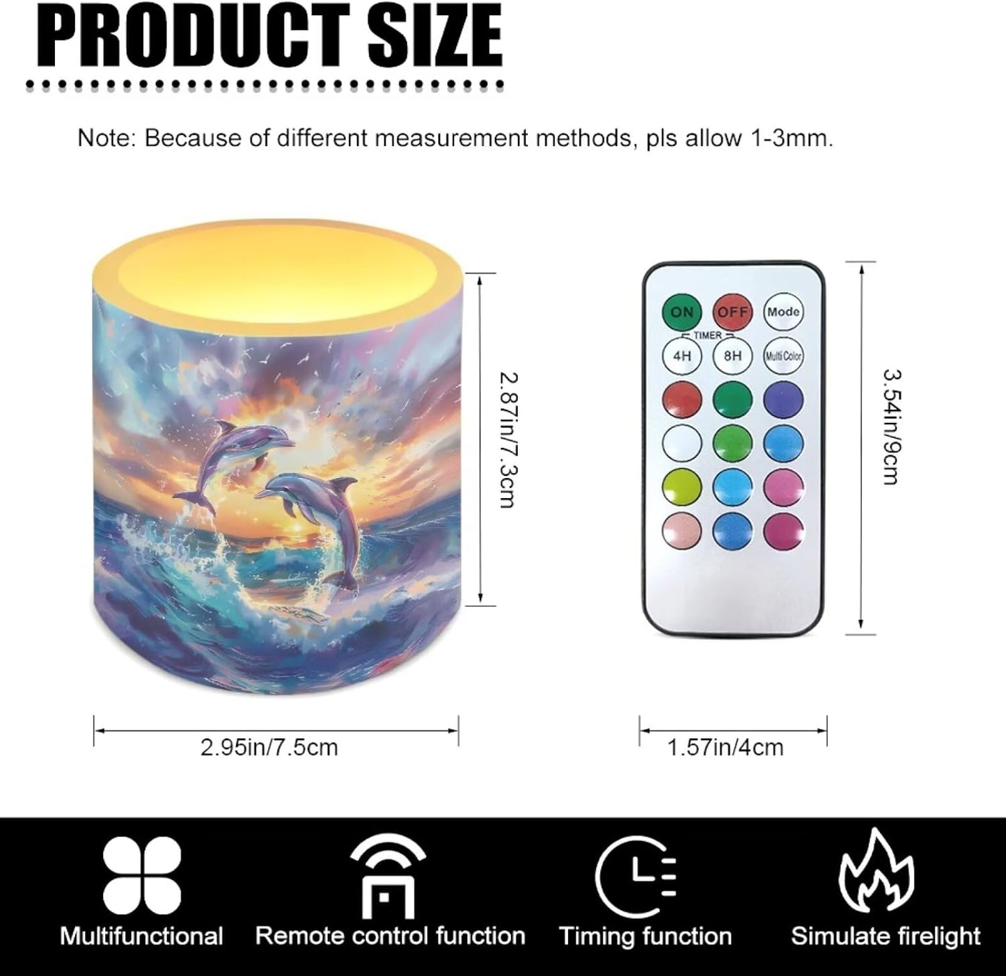 Poceacles 4 Pack Flameless LED Candles Remote Control Flickering LED Pillar Candles Battery Operated, Timer Multi-Color Options Tea Lights for Party Dinner Event Decor, Dolphin Sunset Print