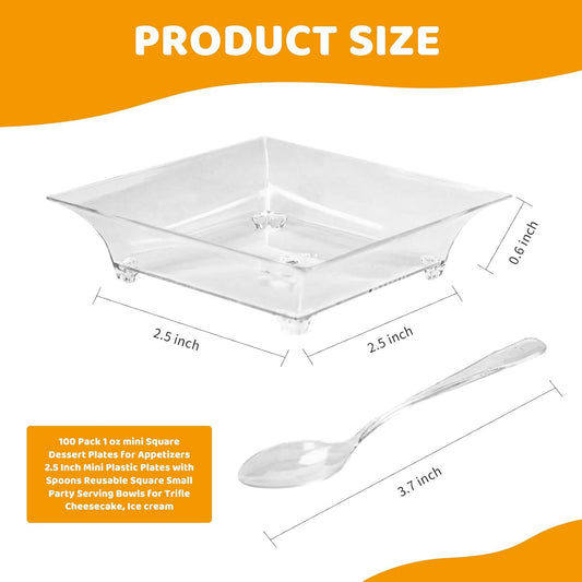 100 Pack 1 oz mini Square Dessert Plates for Appetizers,Mini Plastic Plates with Spoons,Reusable Square Small Party Serving Bowls for Trifle, Cheesecake, Ice cream