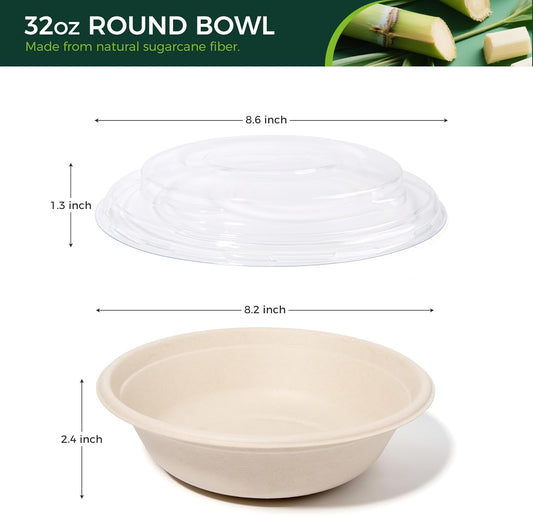 50-Pack 32oz Round Disposable Bowls with Lids - 100% Sugarcane Fiber, Paper Round Bowls for Soup, Salad, Ramen, Popcorn