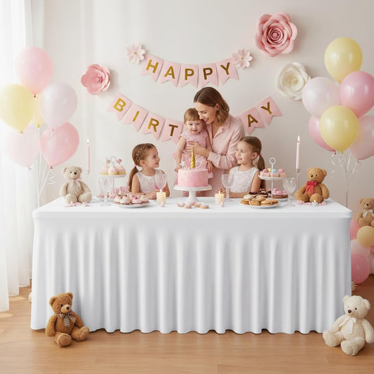 HolidayIdeas White 4ft Spandex Tablecloth 4 Pack Fitted Stretch Rectangluar Table Skirts 24x48 Inch, Wrinkle-Free Floor Length Polyester Table Cover for Weddings Parties Banquets Events