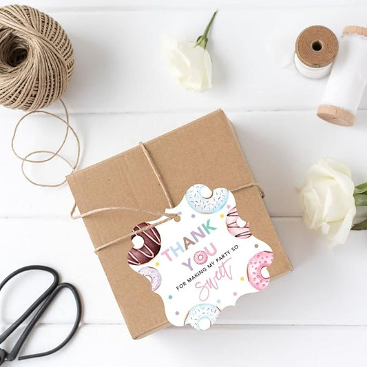 Andaz Press Fancy Frame Kids Party Favor Thank You Tags with String, 48-Pack Donut Birthday Gift Tags for Gift Bags, Favor Bags, Goody Bags, Girls & Boys, Gender-Neutral 1st Birthday Party Favors