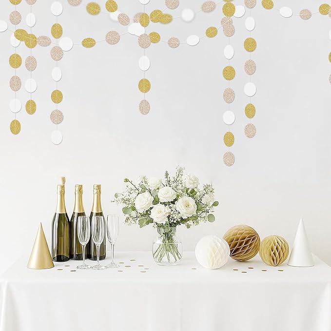 White Champagne-Gold Decorations for Party - 52Ft Paper Garland Streamer Birthday Decoration Banner Bridal Baby Shower Wedding Anniversary Bachelorette Engagement Graduation Hanging Decor Hongtongtong