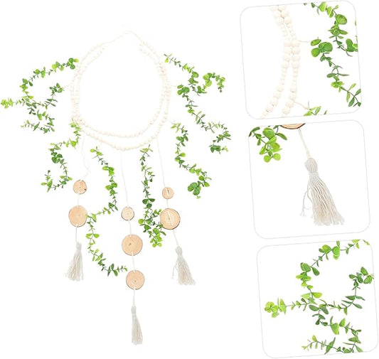 Hanging Photo Display Wall Decor Wooden Beads Garland Stylish Eucalyptus Leaves Design Versatile Picture Holder for Bedroom and Living Room Decor