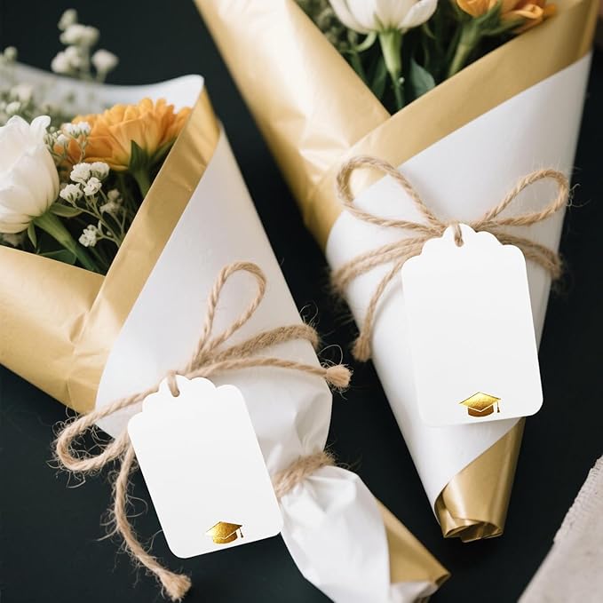 ASYEHJNR 100Pcs Blank Gift Tags with String Foil Gold Grad Cap Large White Paper Gift Tags with 65 Ft Jute Twine for Congrats Grad Congratulations Graduation Party