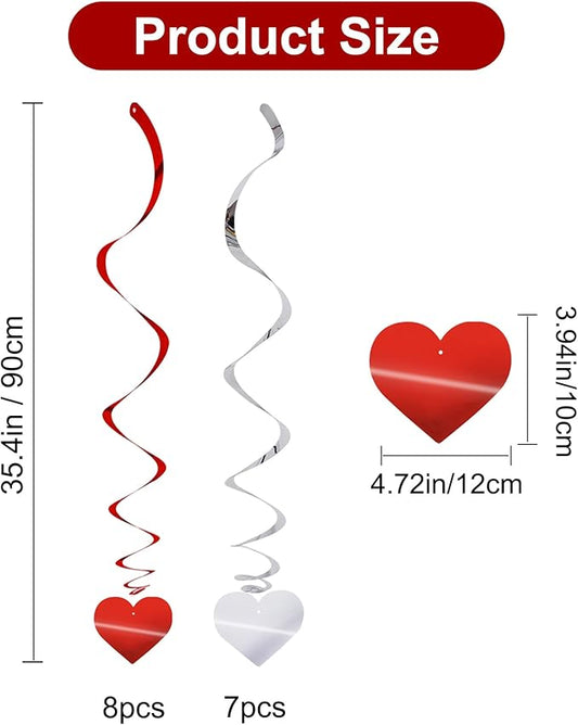 BEISHIDA Happy Valentine's Day Hanging Swirls Valentine's Decorations Red Silver Heart Hanging Ornament Wedding Anniversary Engagement Proposal Party Supplies Romantic Party Decorations Pack of 15