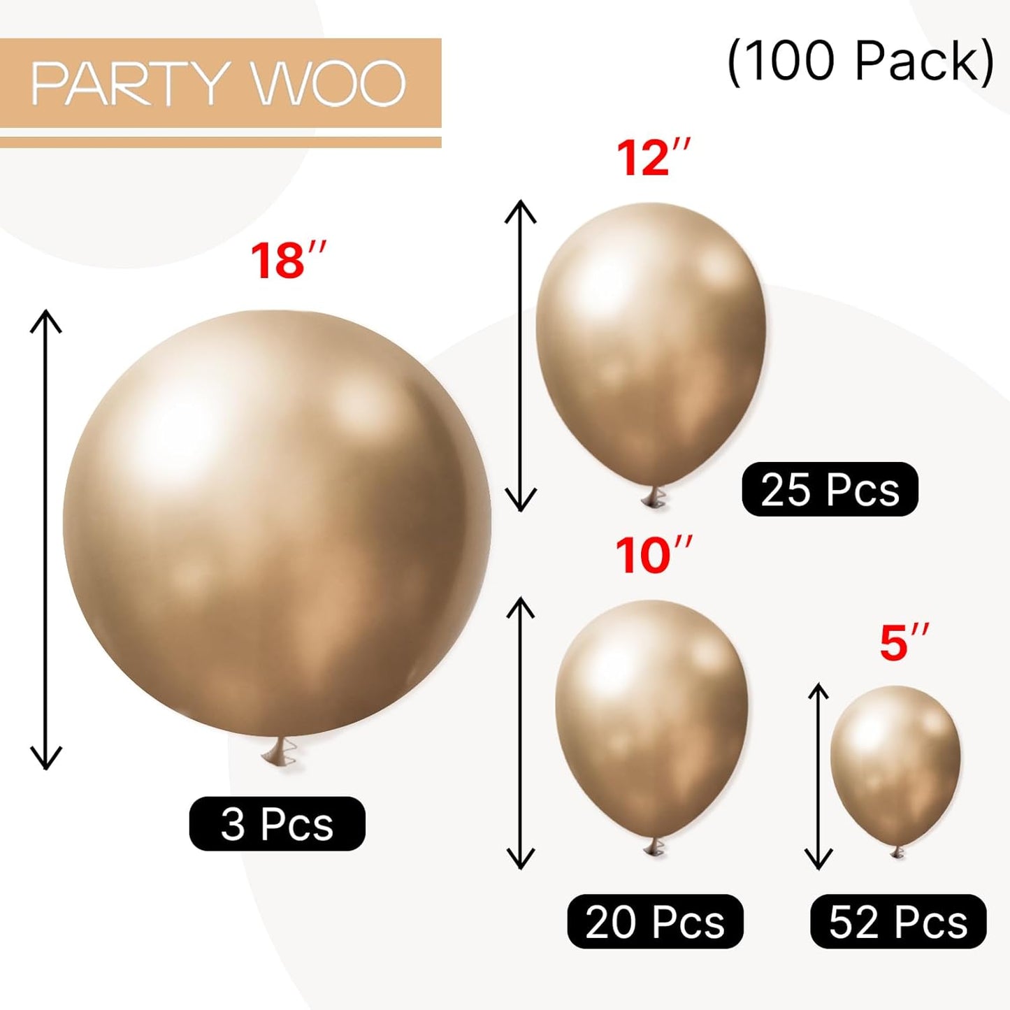 PartyWoo Metallic Gold Balloons 100pcs Different Sizes of 18 12 10 5 Inch Chrome Gold Balloon Arch Kit Garland for Birthday Graduation Baby Shower Wedding Bachelorette Party Decorations Gold-G127