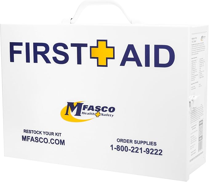 MFASCO 2 Shelf First Aid Cabinet - ANSI/OSHA Class B Type I & II - Medi First Brand Bandages - Carry or Wall Mount - Easy Restock & Refill - - White Enamel Finish - 226 Pcs - 16"x11"x4 7/8"