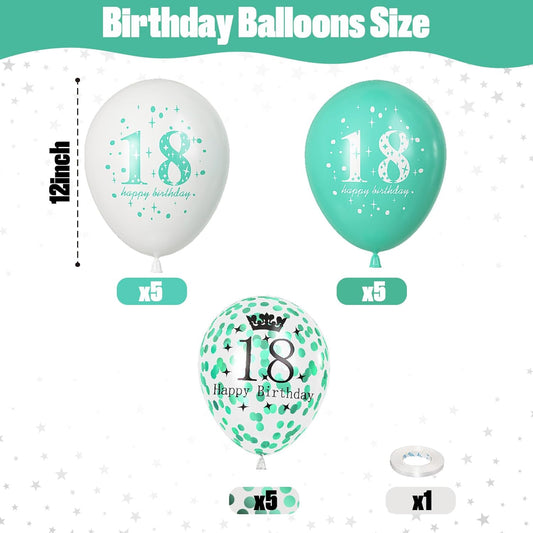 Happy 18th Birthday Decorations for Boys, Turquoise White Confetti 18th Birthday Latex Balloons for Girls, 15 Pieces Teal White 18th Party Decorations for Age 18 Years Old Birthday Decor Supplies