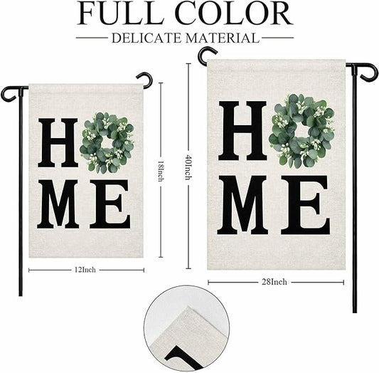 Home Green Eucalyptus Leaves Garland Garden Flags 12x18 Inch Double Sided Welcome Yard Flags for Outdoor Decor Retro Linen Yard Outside Seasonal Decoration