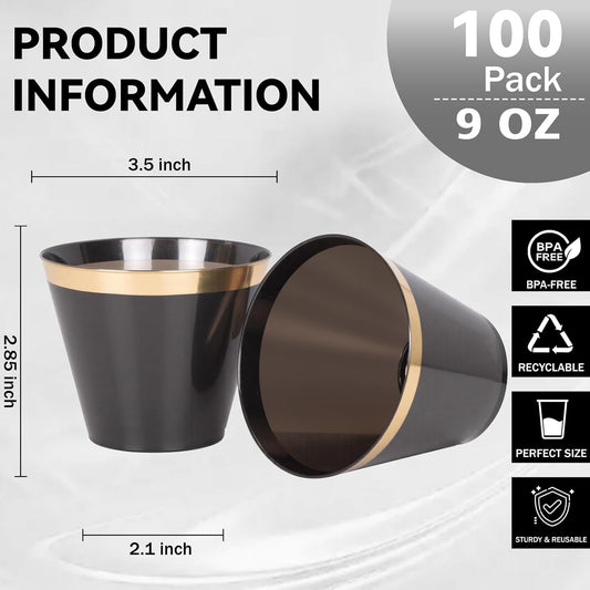 supernal 100 Pcs 9 oz Gold and Black Plastic Cups,Gold Rimmed Disposable Cups,Disposable Party Cup party,Plastic Cocktail Cups for Weddings, Birthdays & Festive Celebrations