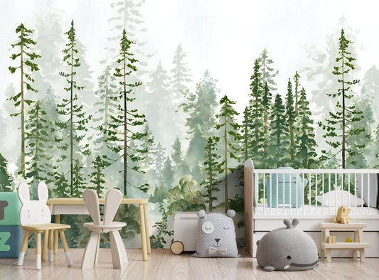Boys or Girls Cartoon Pine Tree Forest wallpeper Nursery Kids Bedroom Wall Mural - 183"x120"(Not Peel and Stick)