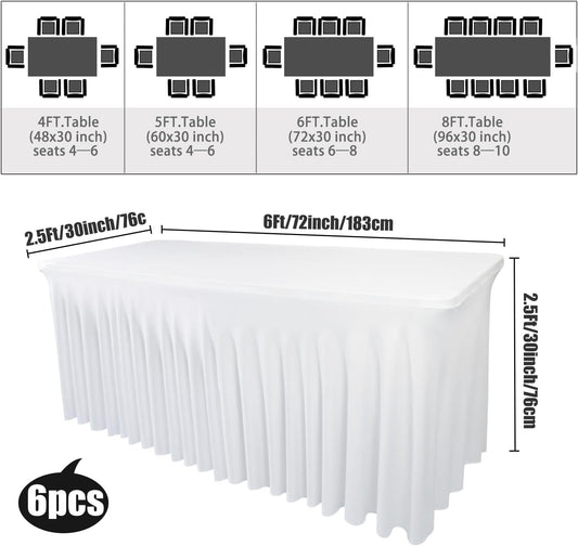 6-Pack 72''L x 30''W x 30''H White Stretch Spandex Table Skirts for 6-Foot Rectangle Tables | Wrinkle-Resistant, Washable Fitted Tablecloths with Skirt for Parties, Banquets, and Birthdays