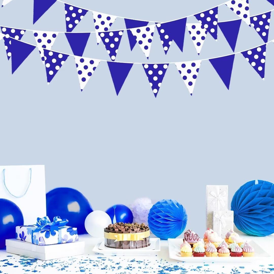 32Ft Royal Blue Party Decorations Blue White Fabric Polka Dot Triangle Banner Flag Pennant Bunting Garland Streamers for Picnic Racing Car BBQ Birthday Baby Shower Outdoor Garden Decor